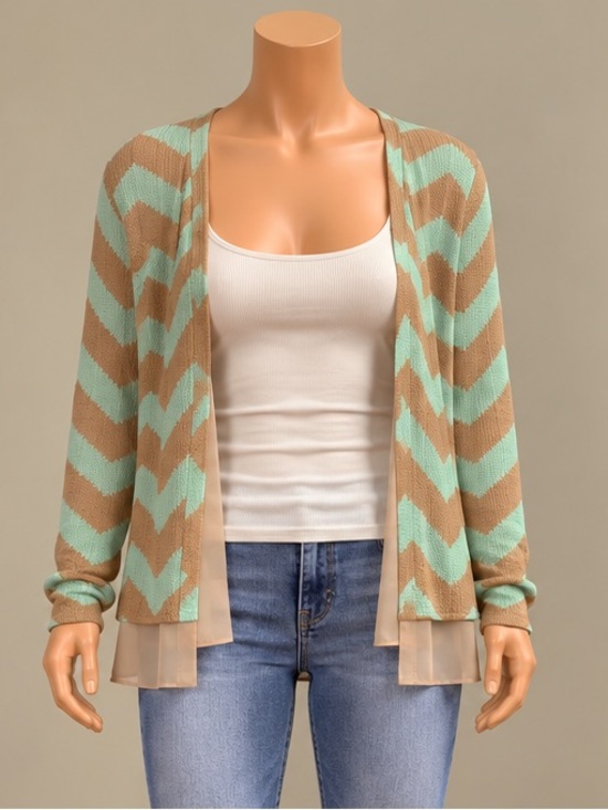 Francesca's Collections Sweaters - Francesca's Mint Tan Chevron Knit Chiffon Layered Cardigan Sweater S